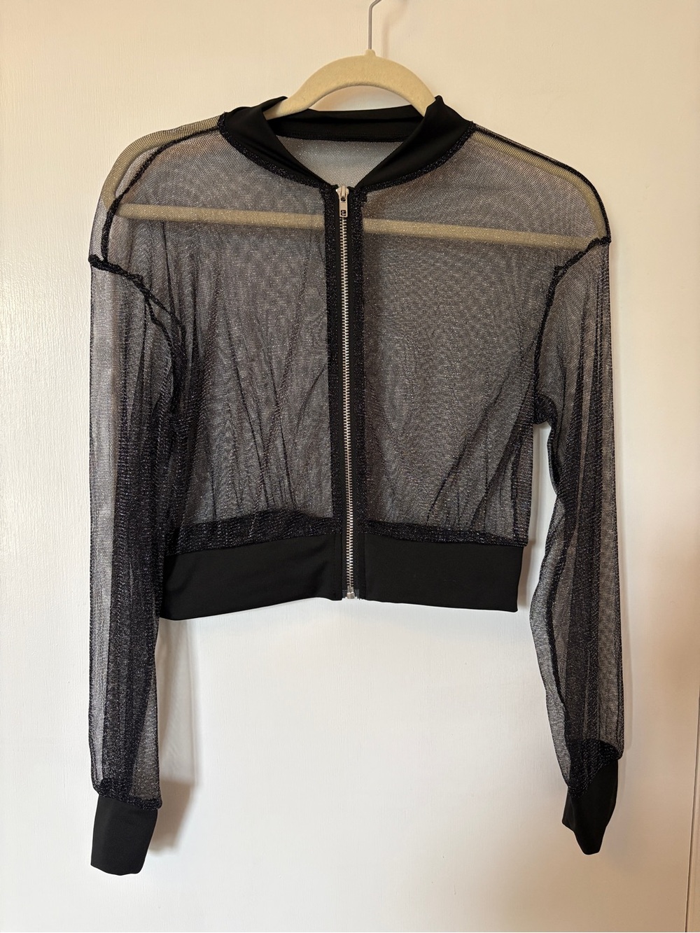 Sheer Black Metallic Mesh Zip-Front Bomber Jacket